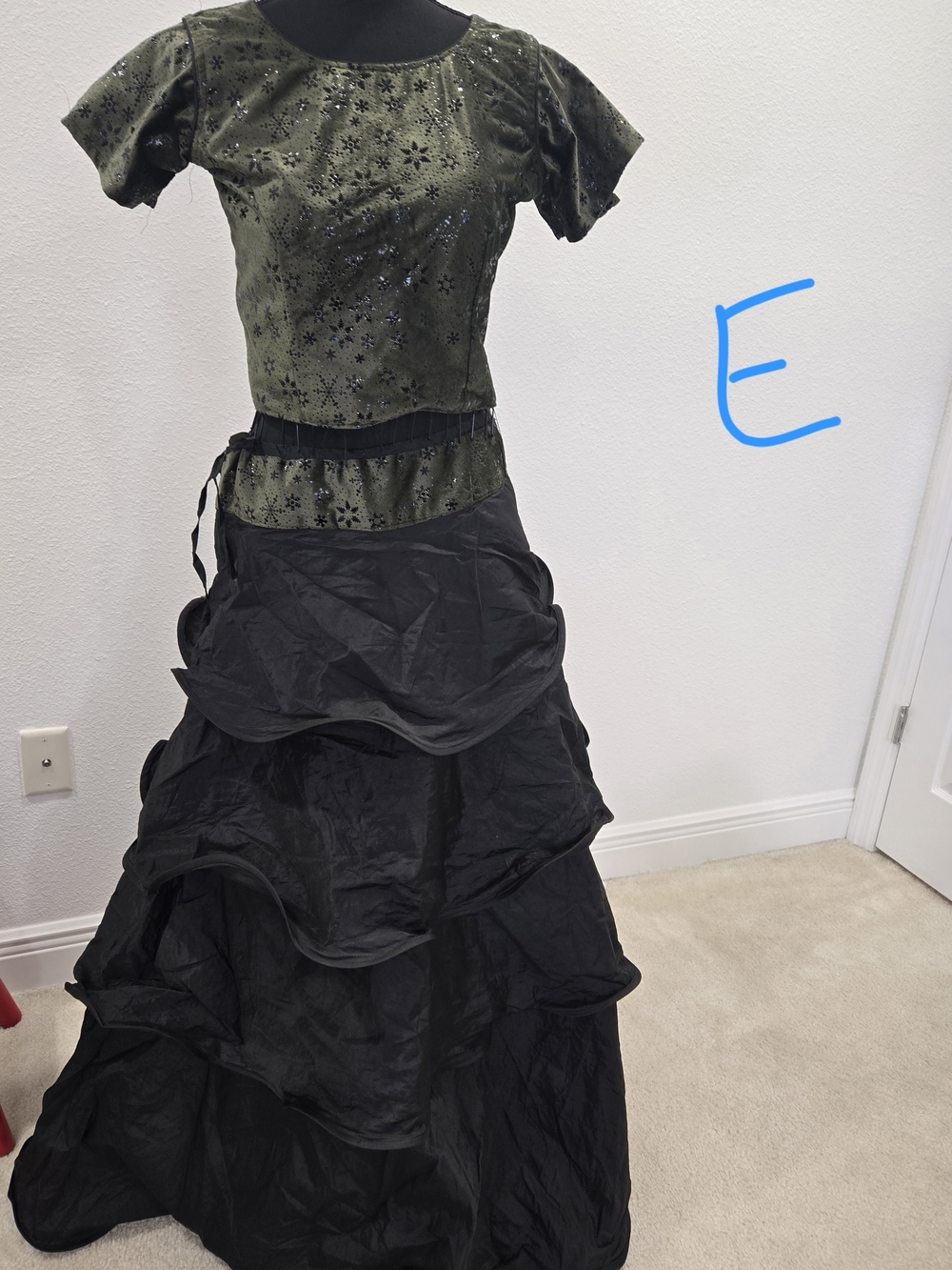 Olive Green Velvet Crop Top with Black Tiered Maxi Skirt
